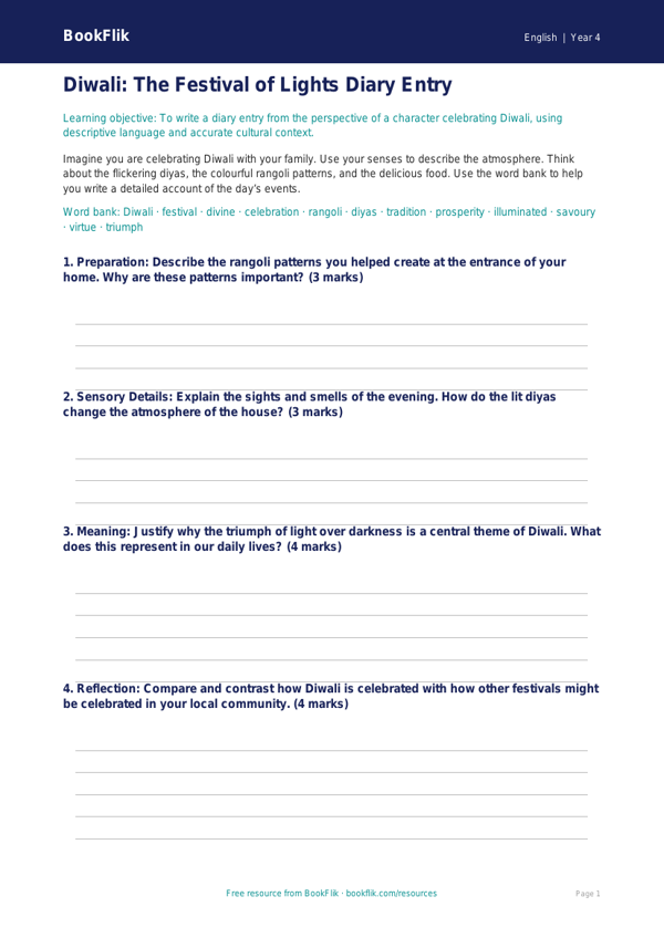 Free Diwali Story Template | Class 4 | English | BookFlik worksheet preview — English Diwali Story