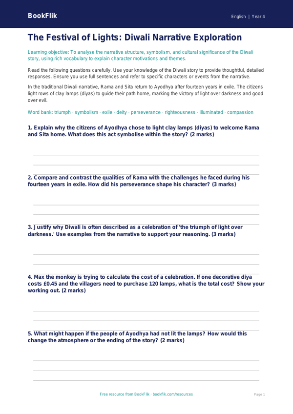 English diwali story worksheet class 4 greater depth worksheet preview — English Diwali Story
