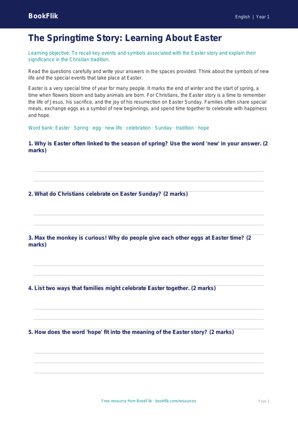 Free Easter Story Worksheet | Class 1 | English | BookFlik worksheet preview — English Easter Story
