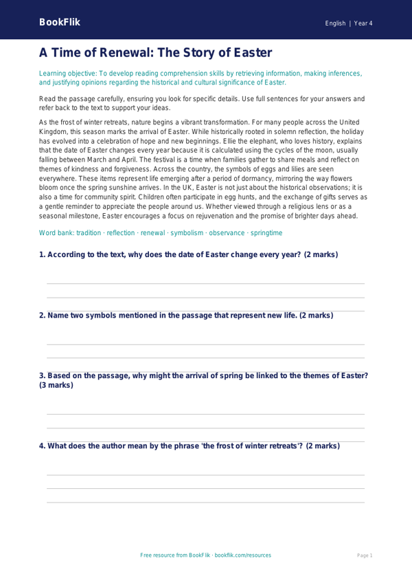 English easter story comprehension class 4 greater depth worksheet preview — English Easter Story
