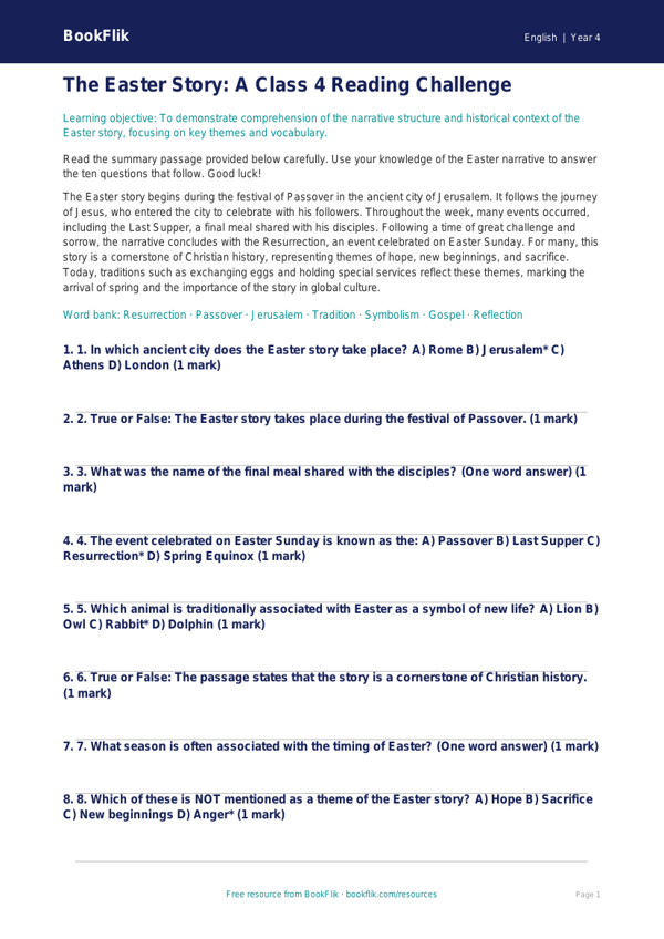 Easter Story Comprehension Quiz for Class 4 | CBSE English | BookFlik worksheet preview — English Easter Story