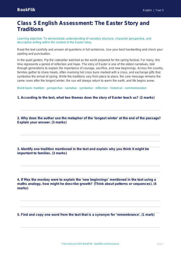 Easter Story Reading Comprehension Worksheet | Class 5 CBSE | BookFlik worksheet preview — English Easter Story