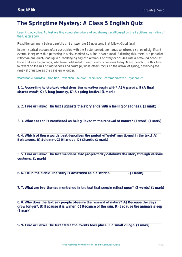 Easter Story Quiz for Class 5 | CBSE English Worksheet | BookFlik worksheet preview — English Easter Story