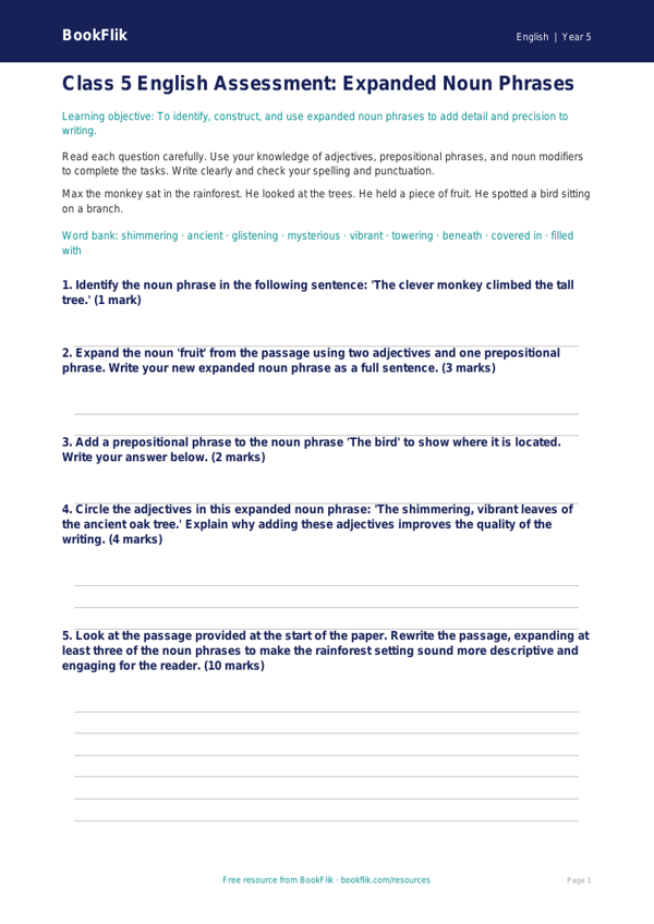 Expanded Noun Phrases Assessment | Class 5 English | CBSE Worksheet worksheet preview — English Expanded Noun Phrases