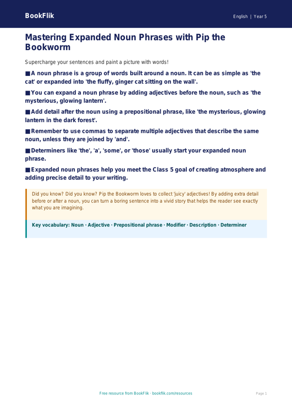 Free Expanded Noun Phrases Poster | Class 5 | English | BookFlik worksheet preview — English Expanded Noun Phrases