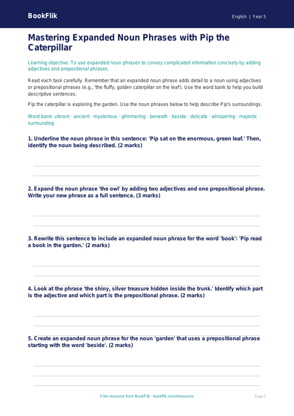 Free Expanded Noun Phrases Worksheet | Class 5 | English | BookFlik worksheet preview — English Expanded Noun Phrases