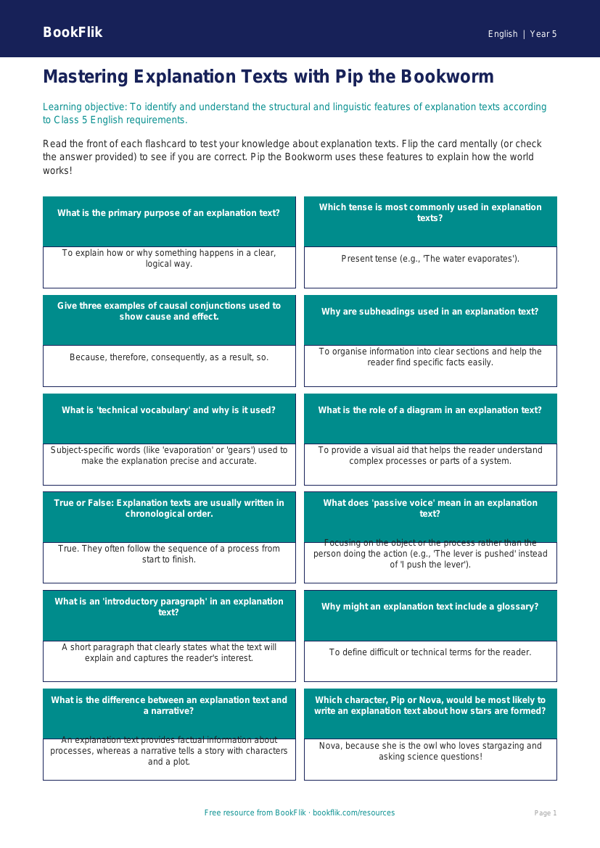Free Explanation Texts Flashcards | Class 5 | English | BookFlik worksheet preview — English Explanation Texts