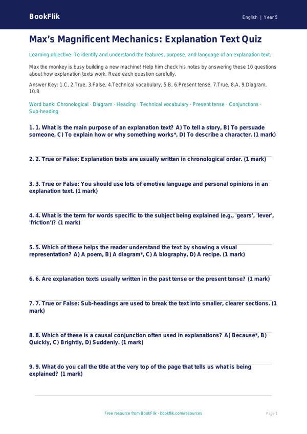 Free Explanation Texts Quiz | Class 5 | English | BookFlik worksheet preview — English Explanation Texts