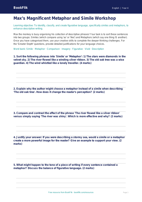 Free Figurative Language Activity Sheet | Class 4 | English | BookFlik worksheet preview — English Figurative Language