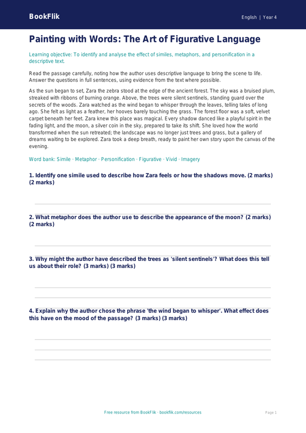 English figurative language comprehension class 4 greater depth worksheet preview — English Figurative Language