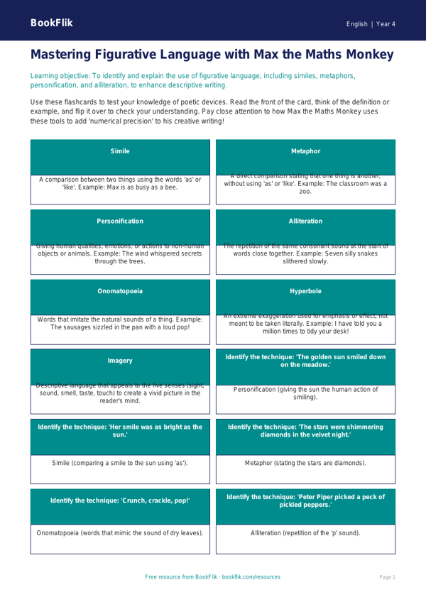 Free Figurative Language Flashcards | Class 4 | English | BookFlik worksheet preview — English Figurative Language