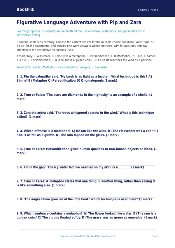 Free Figurative Language Quiz | Class 4 | English | BookFlik worksheet preview — English Figurative Language