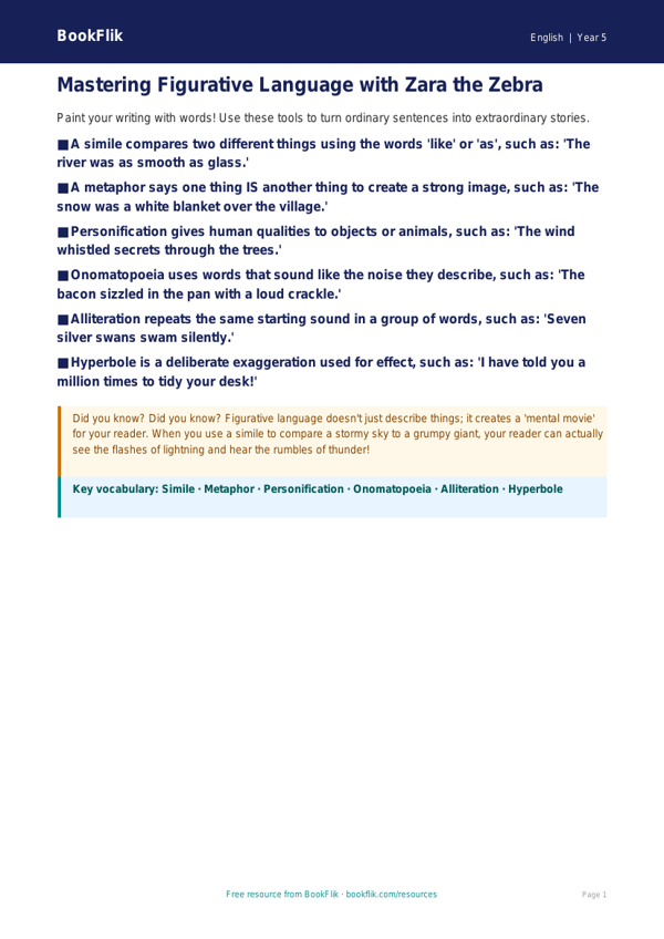 Free Figurative Language Poster | Class 5 | English | BookFlik worksheet preview — English Figurative Language