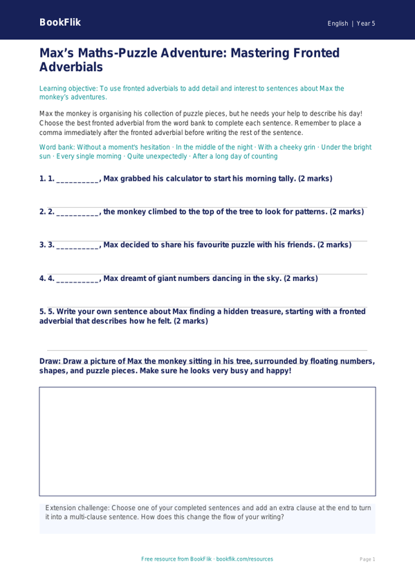 Free Fronted Adverbials Activity Sheet | Class 5 | English | BookFlik worksheet preview — English Fronted Adverbials