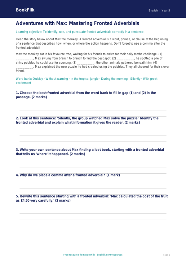 Free Fronted Adverbials Track Sheet | Class 5 | English | BookFlik worksheet preview — English Fronted Adverbials