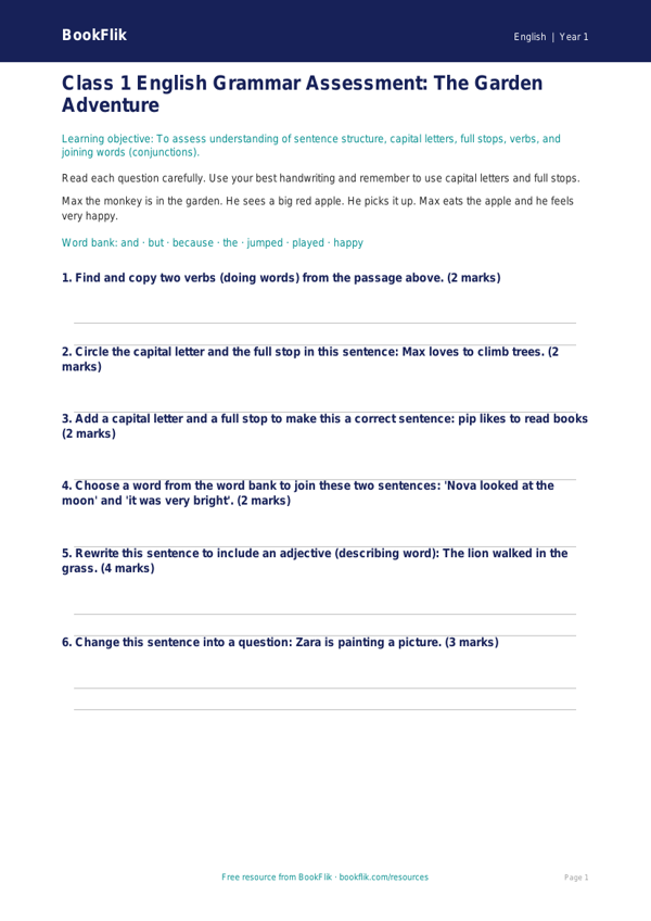 Free Grammar Assessment | Class 1 | English | BookFlik worksheet preview — English Grammar