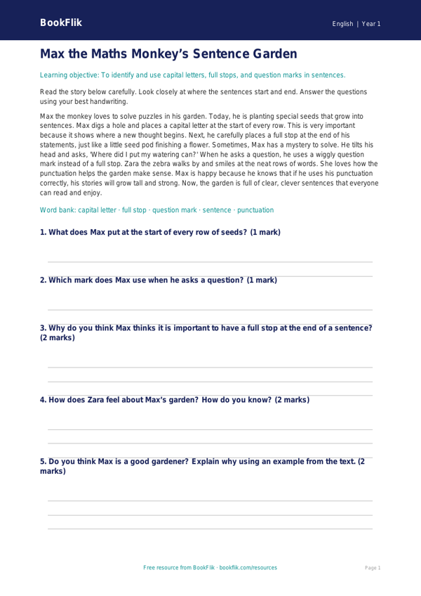 Free Grammar Comprehension | Class 1 | English | BookFlik worksheet preview — English Grammar