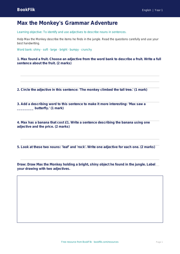Free Grammar Worksheet | Class 1 | English | BookFlik worksheet preview — English Grammar