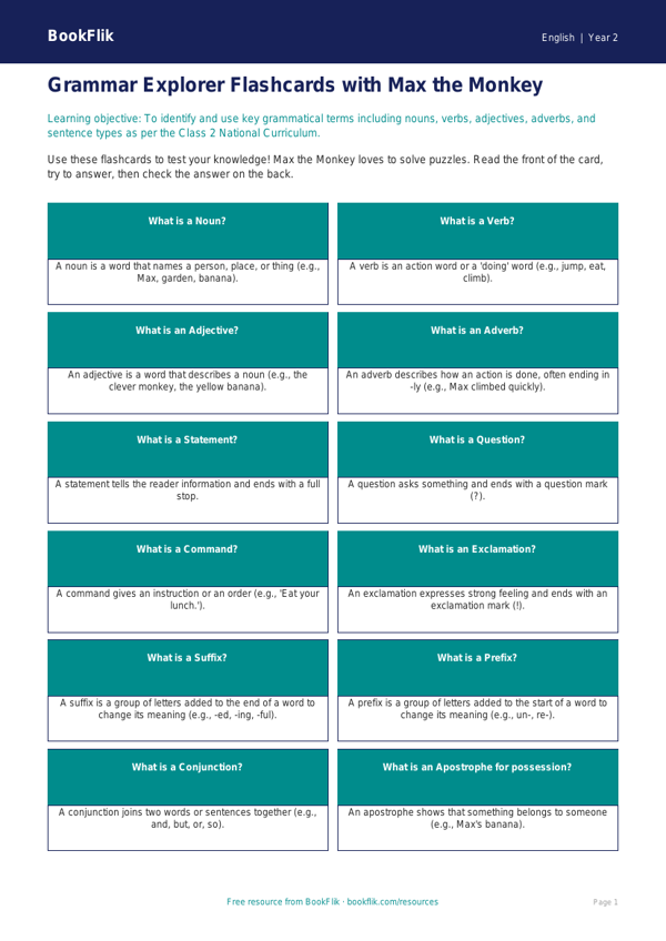 Free Grammar Flashcards | Class 2 | English | BookFlik worksheet preview — English Grammar