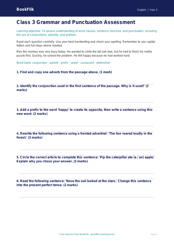 Free Grammar Assessment | Class 3 | English | BookFlik worksheet preview — English Grammar