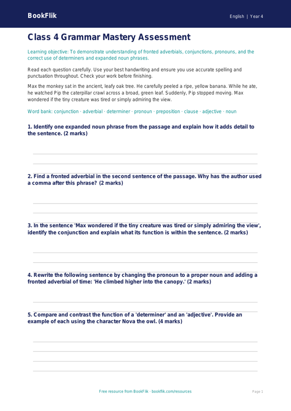 Free Grammar Assessment | Class 4 | English | BookFlik worksheet preview — English Grammar