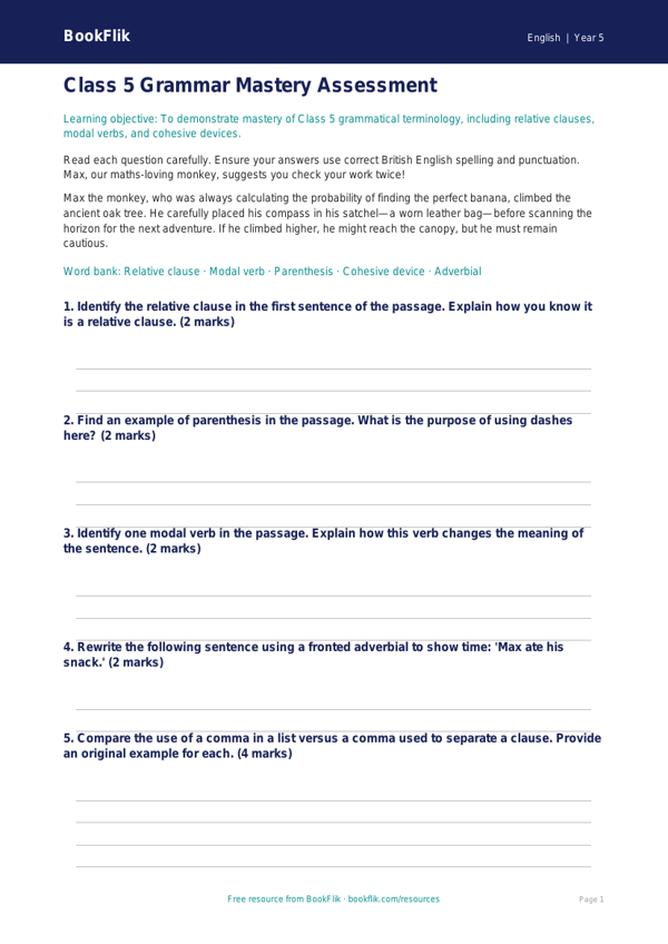 Advanced Grammar Assessment for Class 5 | CBSE English | BookFlik worksheet preview — English Grammar