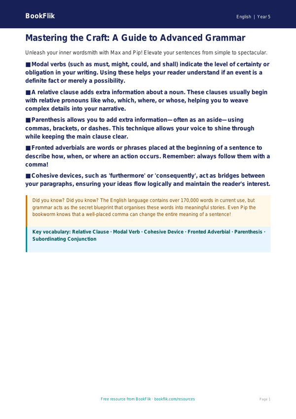 Free Grammar Poster | Class 5 | English | BookFlik worksheet preview — English Grammar
