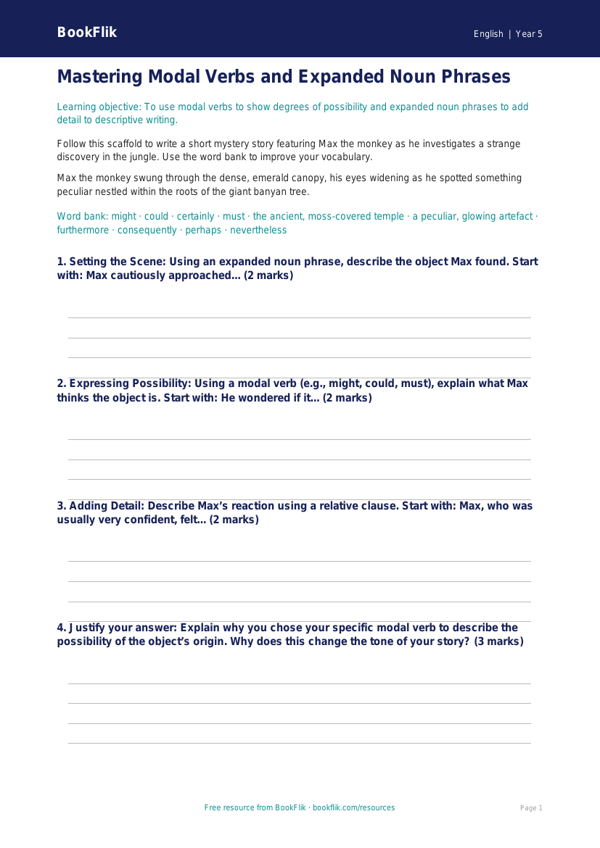 Free Grammar Writing Frame | Class 5 | English | BookFlik worksheet preview — English Grammar
