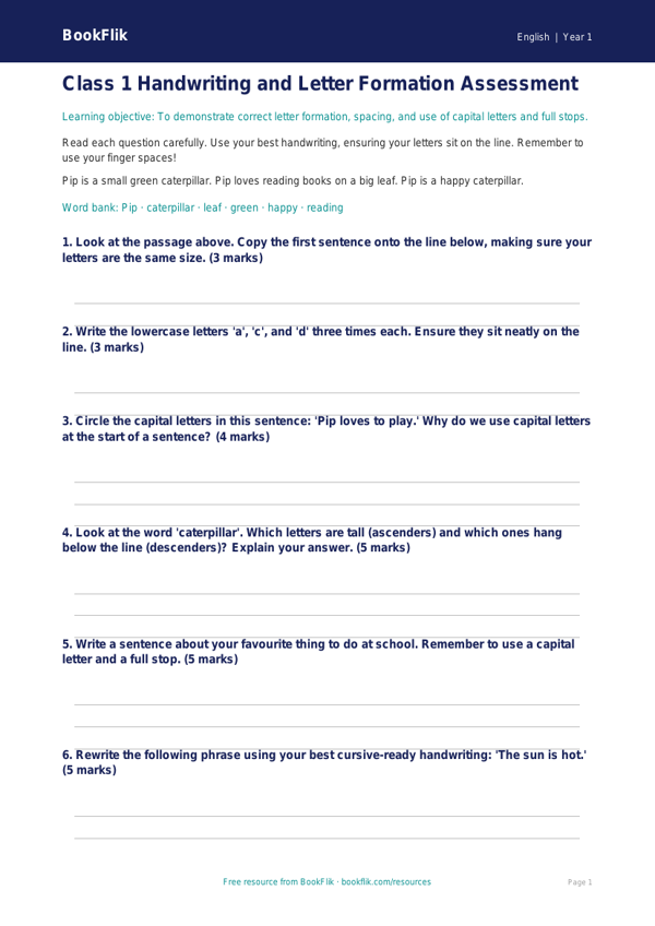 Free Handwriting Assessment | Class 1 | English | BookFlik worksheet preview — English Handwriting