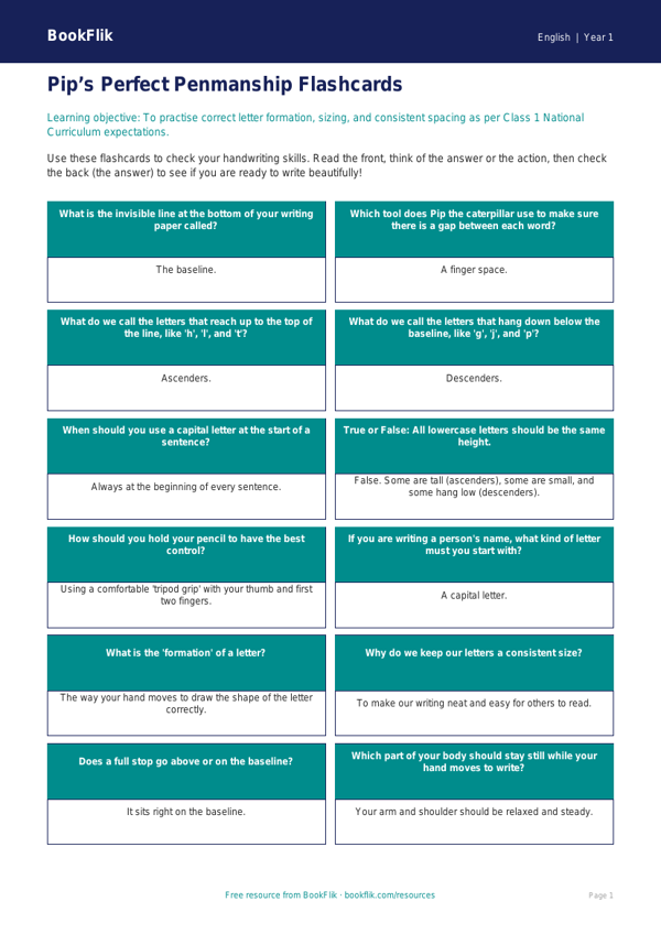 Free Handwriting Flashcards for Class 1 | English | CBSE | BookFlik worksheet preview — English Handwriting