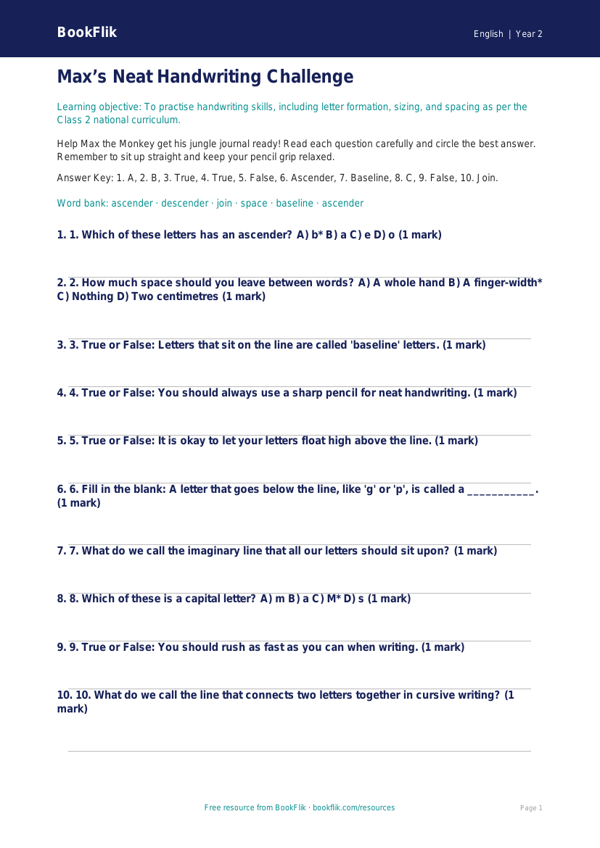 Free Handwriting Quiz | Class 2 | English | BookFlik worksheet preview — English Handwriting
