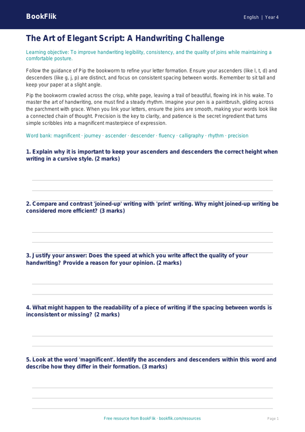 Free Handwriting Practice Worksheet for Class 4 | CBSE English | BookFlik worksheet preview — English Handwriting