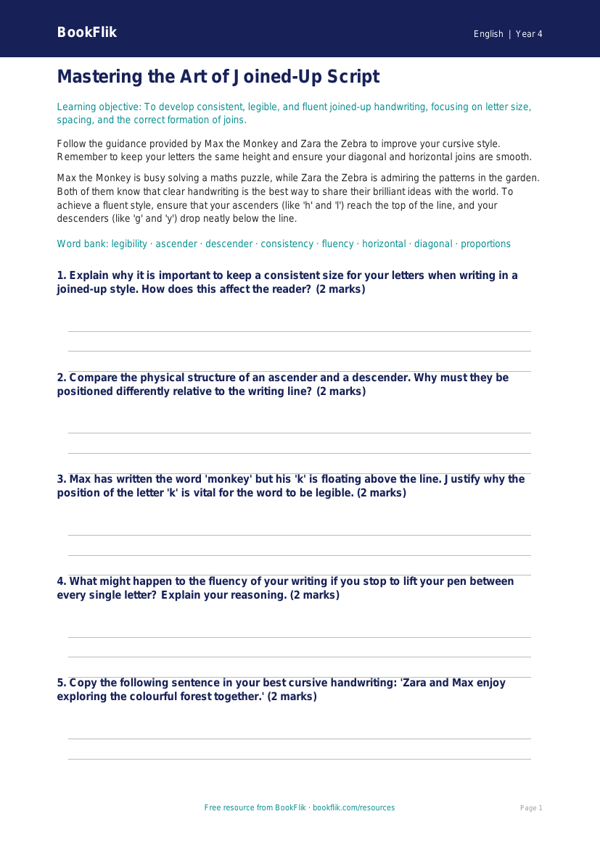 Class 4 Handwriting Practice Worksheet | CBSE English | BookFlik worksheet preview — English Handwriting