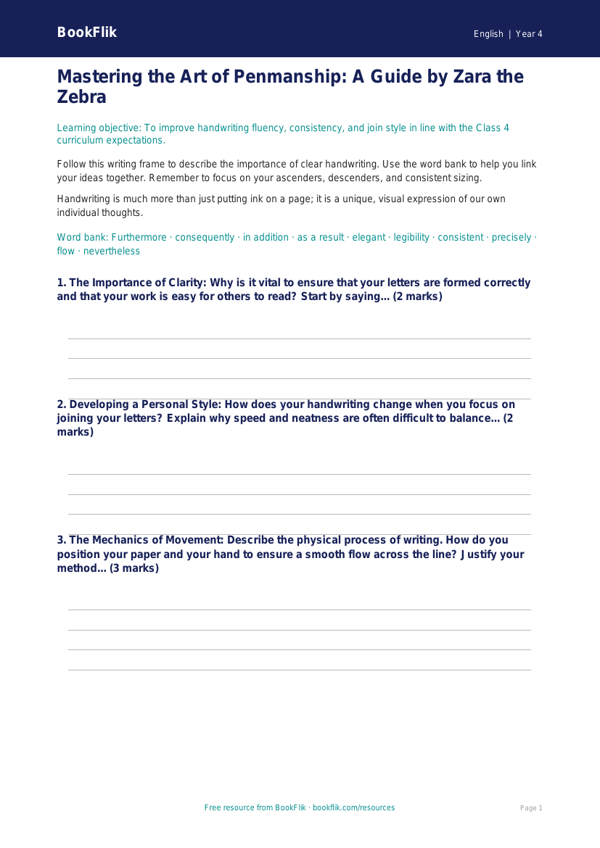 English handwriting writing frame class 4 greater depth worksheet preview — English Handwriting