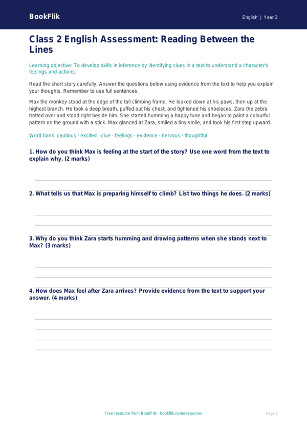 Free Inference Assessment | Class 2 | English | BookFlik worksheet preview — English Inference
