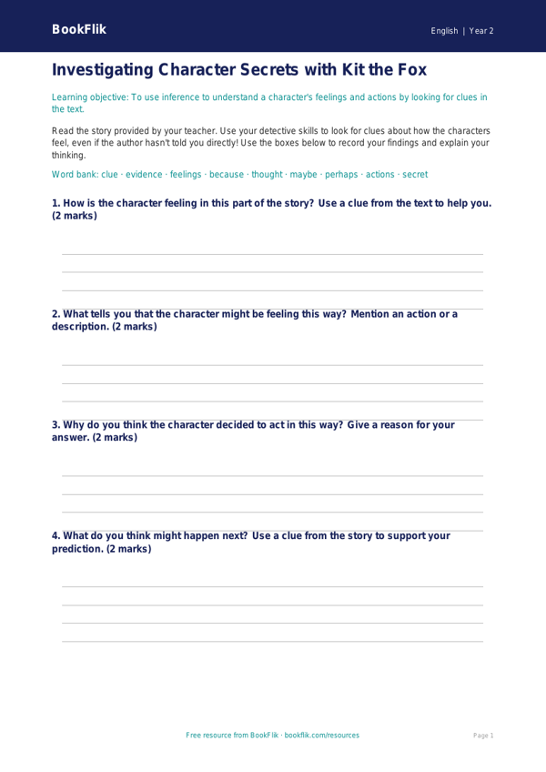 Free Inference Template | Class 2 | English | BookFlik worksheet preview — English Inference