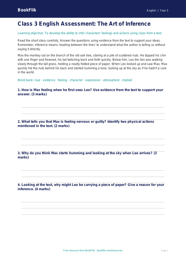 Free Inference Assessment | Class 3 | English | BookFlik worksheet preview — English Inference