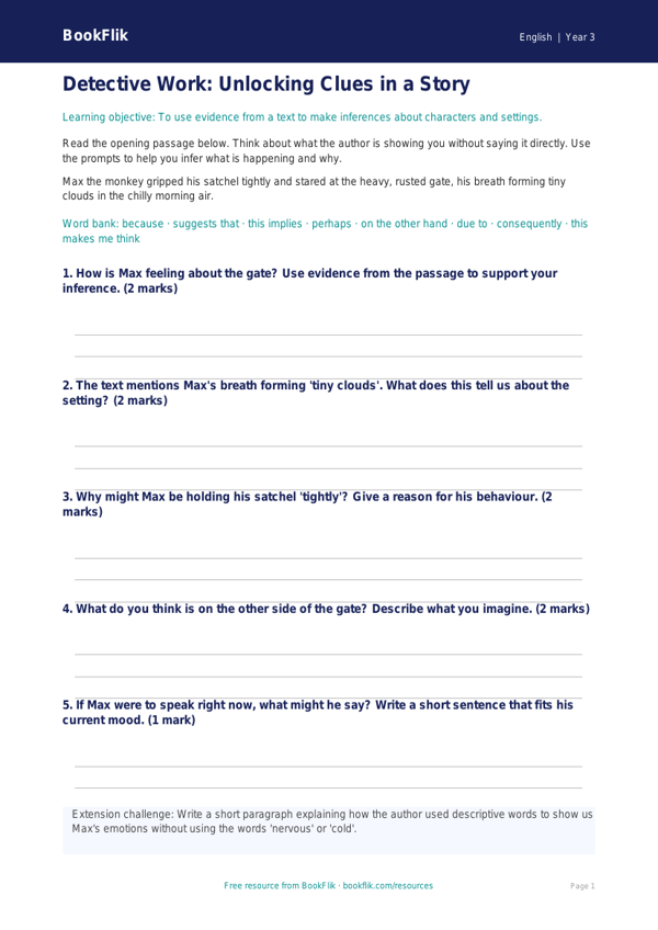 Free Inference Writing Frame | Class 3 | English | BookFlik worksheet preview — English Inference