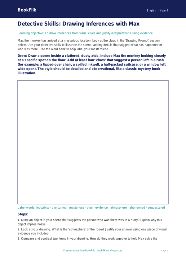 Free Inference Drawing Sheet | Class 4 | English | BookFlik worksheet preview — English Inference