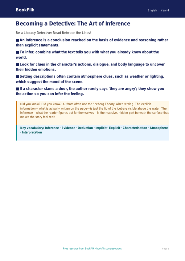 Free Inference Poster | Class 4 | English | BookFlik worksheet preview — English Inference