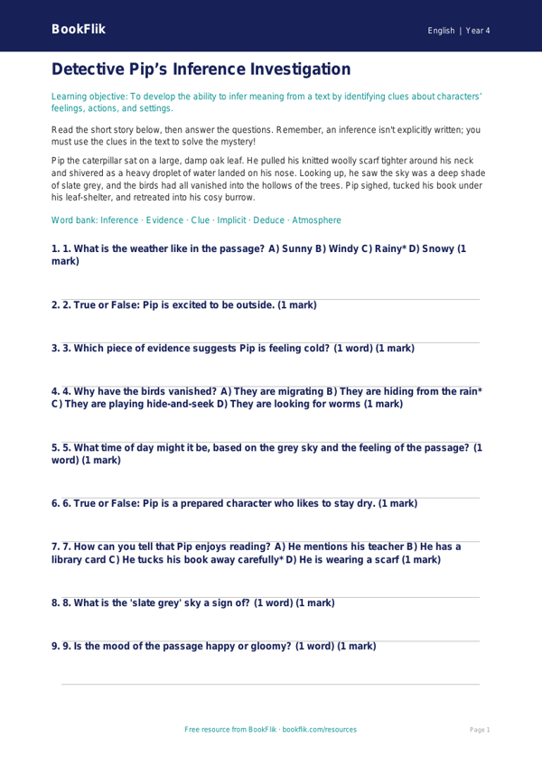 Free Inference Quiz | Class 4 | English | BookFlik worksheet preview — English Inference