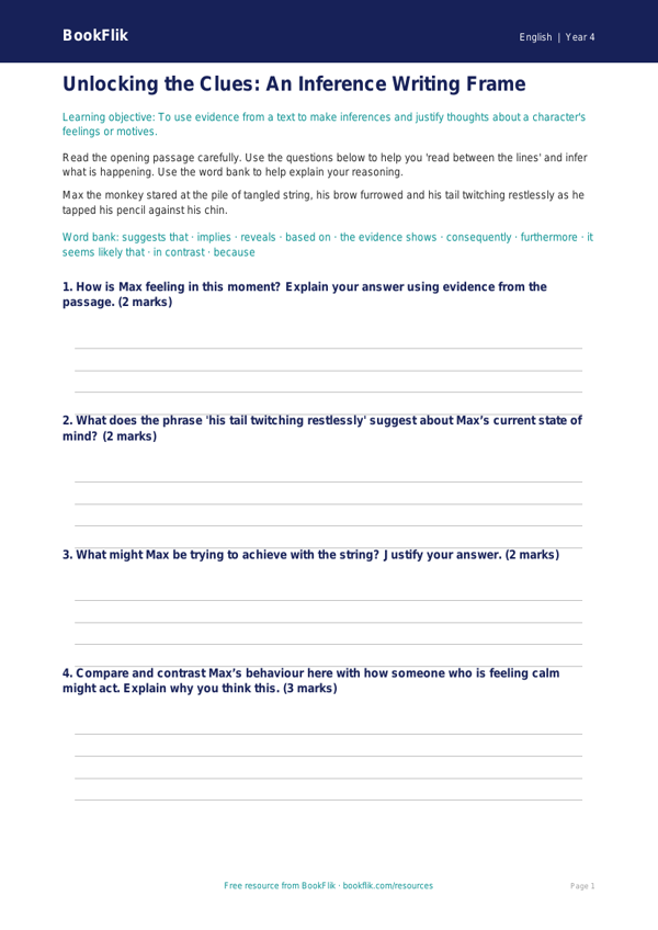 Free Inference Writing Frame | Class 4 | English | BookFlik worksheet preview — English Inference