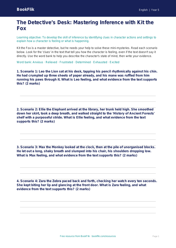 Free Inference Activity Sheet | Class 5 | English | BookFlik worksheet preview — English Inference