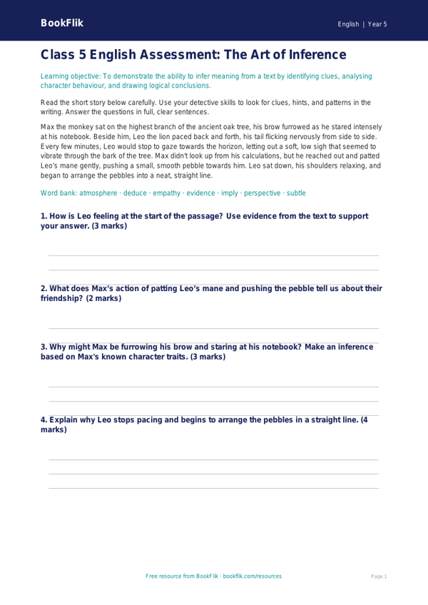 Free Inference Assessment | Class 5 | English | BookFlik worksheet preview — English Inference