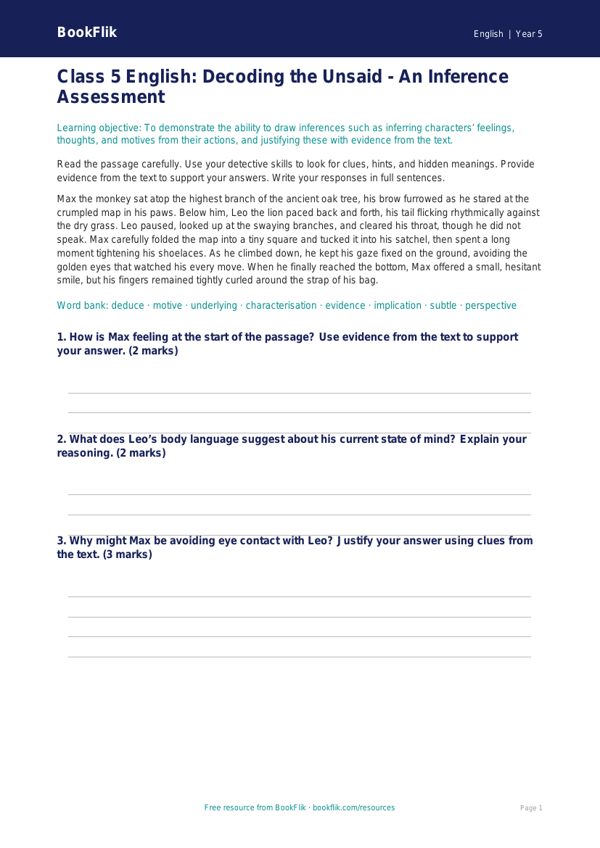 Free Inference Assessment | Class 5 | English | BookFlik worksheet preview — English Inference