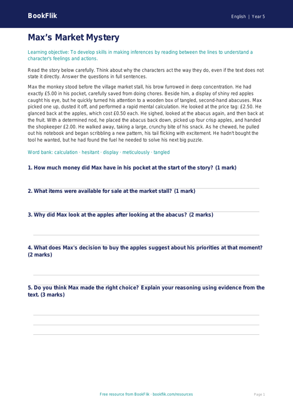 Free Inference Comprehension | Class 5 | English | BookFlik worksheet preview — English Inference
