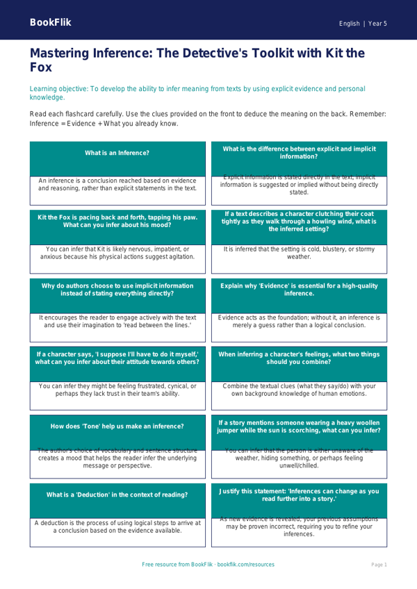 Inference Flashcards for Class 5 English | CBSE Curriculum | BookFlik worksheet preview — English Inference