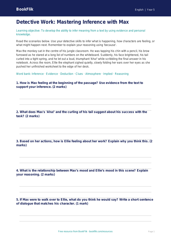 Free Inference Worksheet | Class 5 | English | BookFlik worksheet preview — English Inference
