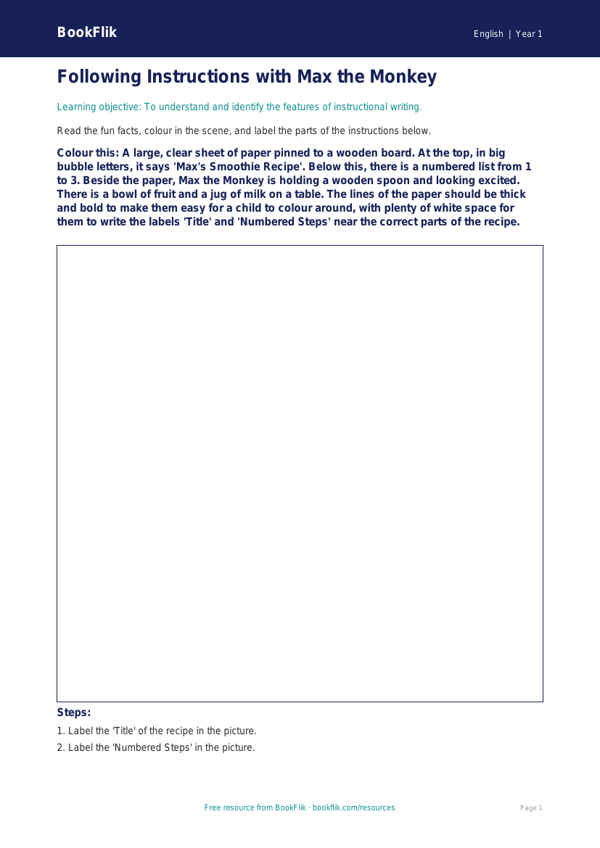 Free Instructions Colouring Page | Class 1 | English | BookFlik worksheet preview — English Instructions