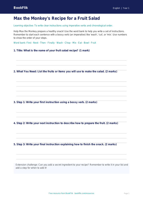 How to Write Instructions: Class 1 English Worksheet | BookFlik worksheet preview — English Instructions